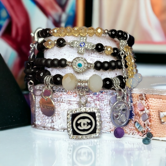 Black CC Crystal Namaste Charmed bracelets Set - Picture 3 of 7